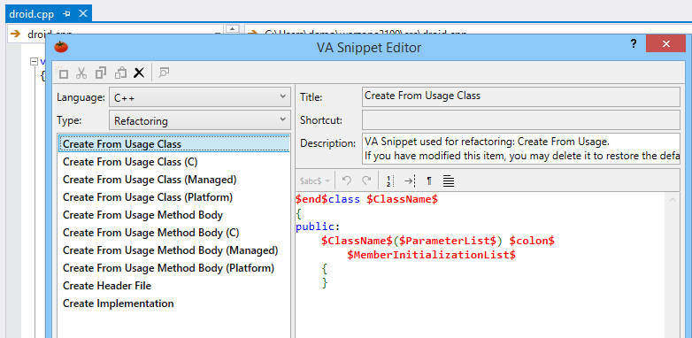 Edit powerful Code Snippets in a custom editor, including snippets to format the output of refactoring and code generation.