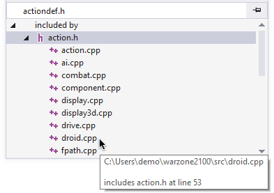 Double-click to open a header file or source file at the #include directive the makes it appear in the browser