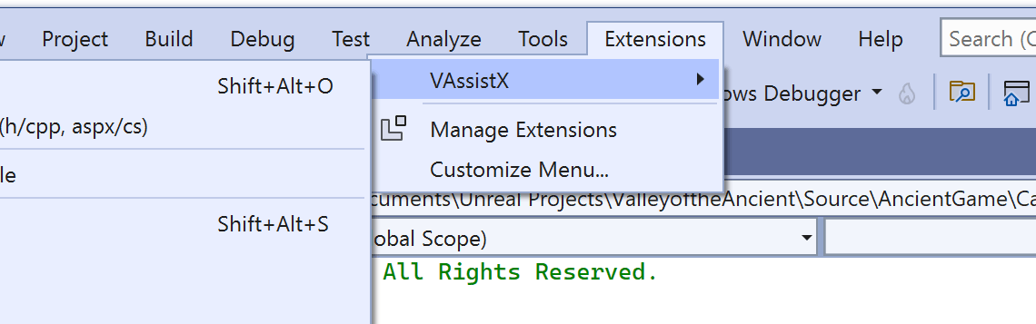 VAssistX menu open in the Visual Studio 2022 Extensions menu