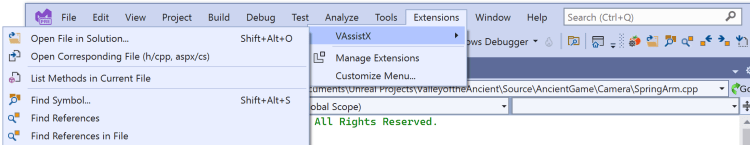 VAssistX menu open in the Visual Studio 2022 Extensions menu